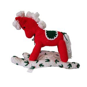 Christmas Rocking Horse Hand Crafted Crochet Centerpiece EUC